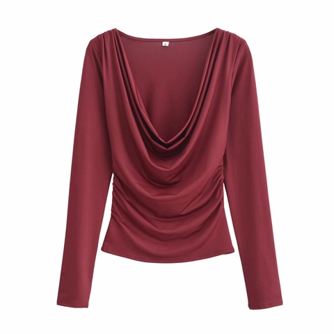 Dames Watervalhals Lange Mouw Top Geplooide Zijkant Elegant Effen Kleur Slim Fit V-Hals T-Shirt Blouse Woon-werkstijl