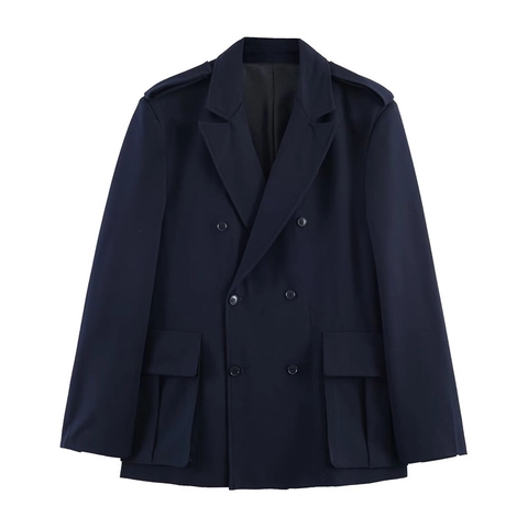 Women Fashion Loose Double Breasted Blazer Jacket With Large Pockets British Military Style Casual Solid Color Outerwear