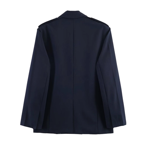 Women Fashion Loose Double Breasted Blazer Jacket With Large Pockets British Military Style Casual Solid Color Outerwear