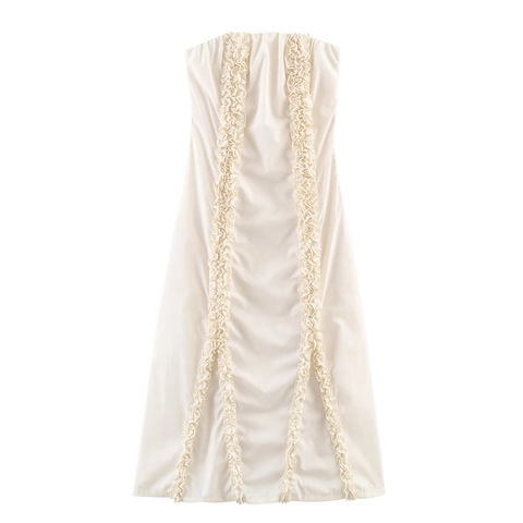Damen Trägerlos Off-White Rüschen Midi Kleid Lagenbesatz Slim A-Linie Elegant Ärmellos Abend Party Mode Kleid