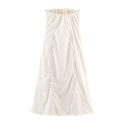 Damen Trägerlos Off-White Rüschen Midi Kleid Lagenbesatz Slim A-Linie Elegant Ärmellos Abend Party Mode Kleid