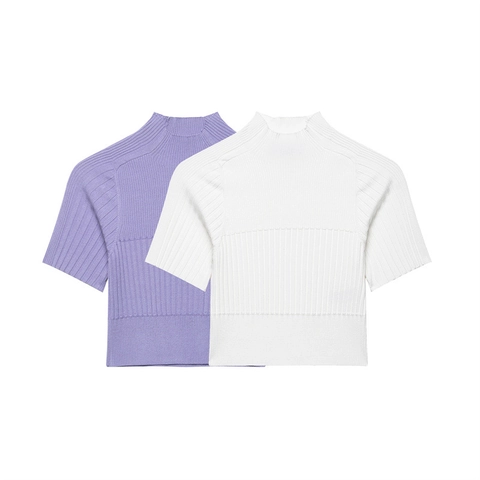 Damen Stehkragen Rippenstrick Top Kurzarm Einfarbig Lavendel Lila Weiß Slim Fit Lässig Chic Gestricktes Crop Top Hemd
