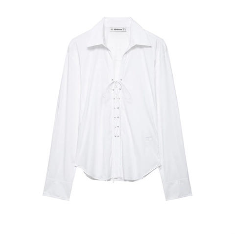 Damen Casual Weiße Langarm Bluse Popeline Hemd Mit Schnürung V Ausschnitt Design Reverskragen Streetwear Mode Top Für Alltag