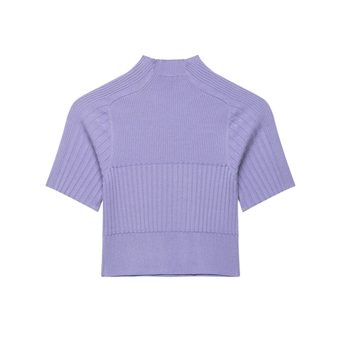 Damen Stehkragen Rippenstrick Top Kurzarm Einfarbig Lavendel Lila Weiß Slim Fit Lässig Chic Gestricktes Crop Top Hemd