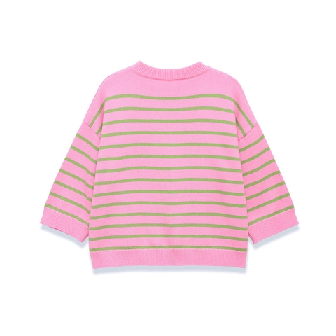 Women Casual Loose Striped Knit Sweater Crew Neck Pink Green Color Block Long Sleeve Drop Shoulder Pullover Top