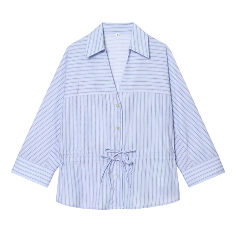 Dames Mode Blauw Gestreepte Blouse Met Lange Mouwen Met Verstelbare Strik Koordsluiting Casual V-hals Revers Overhemd Top