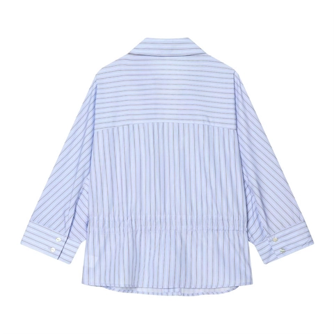 Dames Mode Blauw Gestreepte Blouse Met Lange Mouwen Met Verstelbare Strik Koordsluiting Casual V-hals Revers Overhemd Top