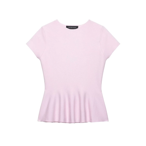 Top Peplum de Punto Rosa Dulce para Mujer Cuello Redondo Manga Corta Color Sólido Dobladillo con Volantes Suéter Ajustado