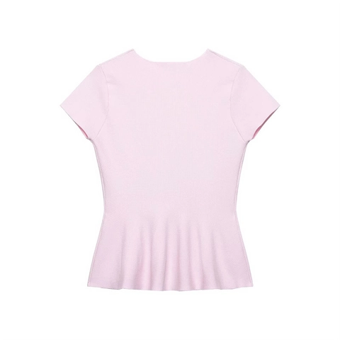 Top Peplum de Punto Rosa Dulce para Mujer Cuello Redondo Manga Corta Color Sólido Dobladillo con Volantes Suéter Ajustado