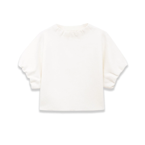 Franse Stijl Pofmouwen Geribbelde Gebreide Top Ronde Hals Korte Mouw Effen Wit Elegant Vrouwen Woon-werkverkeer Minimalistisch Casual Blouse