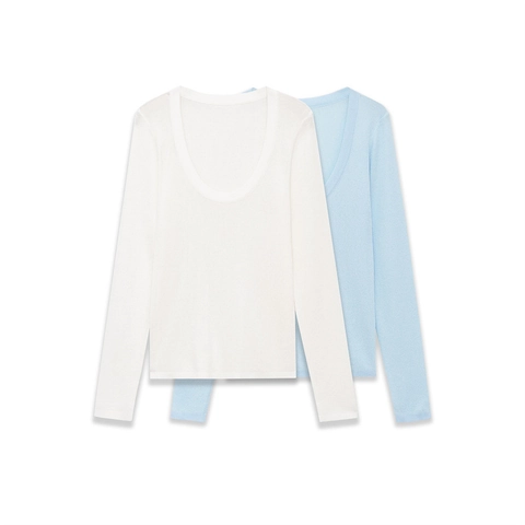 Camiseta de Punto Acanalada Ajustada para Mujer Cuello en U Top de Manga Larga Básico Color Sólido Jersey Minimalista