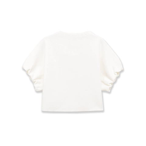 Franse Stijl Pofmouwen Geribbelde Gebreide Top Ronde Hals Korte Mouw Effen Wit Elegant Vrouwen Woon-werkverkeer Minimalistisch Casual Blouse