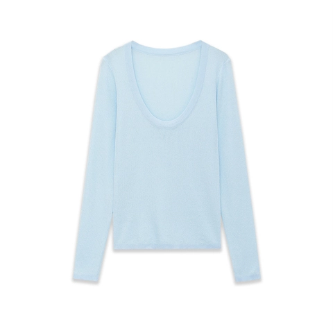 Camiseta de Punto Acanalada Ajustada para Mujer Cuello en U Top de Manga Larga Básico Color Sólido Jersey Minimalista