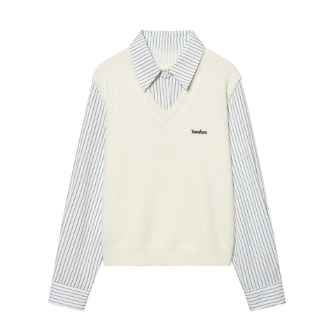 Donna Casual Finto Due Pezzi Maglione in Maglia a Righe Manica Lunga Top Scollo a V Stile Preppy Ricamato Pullover Blusa Elegante Spliced Maglione