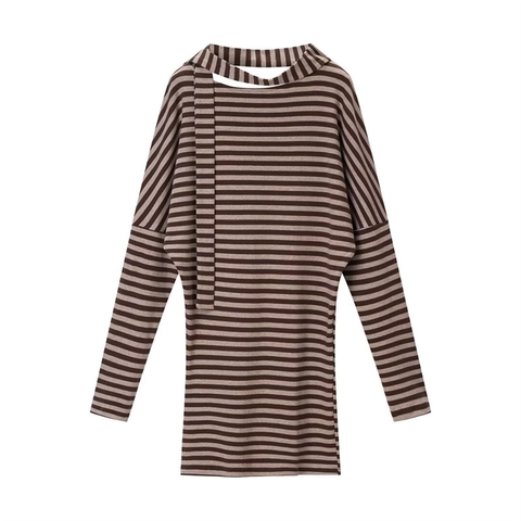Vestido de Punto de Manga Larga a Rayas Casual para Mujer Con Detalle de Bufanda Elegante Hombro Inclinado Corte Holgado Mini Vestido Marrón Beige