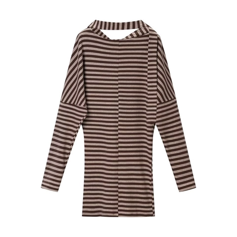 Vestido de Punto de Manga Larga a Rayas Casual para Mujer Con Detalle de Bufanda Elegante Hombro Inclinado Corte Holgado Mini Vestido Marrón Beige