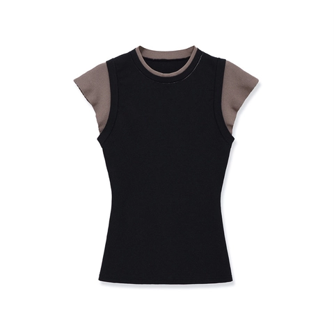 Top da Donna Casual Finto Due Pezzi in Maglia Manica Corta Girocollo Colore a Contrasto Vestibilità Aderente Pullover a Costine Moda