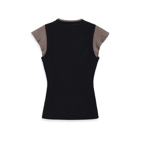 Top da Donna Casual Finto Due Pezzi in Maglia Manica Corta Girocollo Colore a Contrasto Vestibilità Aderente Pullover a Costine Moda