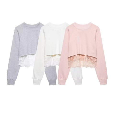 Sweat-shirt Court Décontracté pour Femme Épissage de Dentelle Col Rond Manches Longues Faux Deux Pièces Haut en Tissu Mélangé