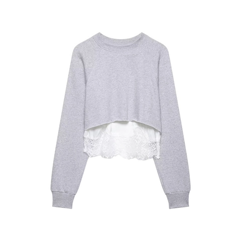 Sweat-shirt Court Décontracté pour Femme Épissage de Dentelle Col Rond Manches Longues Faux Deux Pièces Haut en Tissu Mélangé