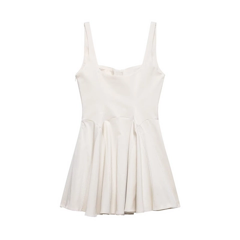 Women Elegant Square Neck Sleeveless Cami Mini Dress Solid Cream Slim Fit Flared Pleated Skater Dress Fashion Lady Outfit