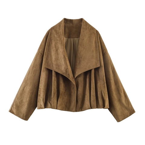 Women's French Style Faux Suede Short Jacket Lapel Wrap Outerwear Thick Winter Solid Color Oversized Fashion Coat