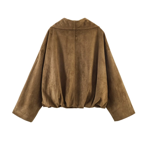 Women's French Style Faux Suede Short Jacket Lapel Wrap Outerwear Thick Winter Solid Color Oversized Fashion Coat