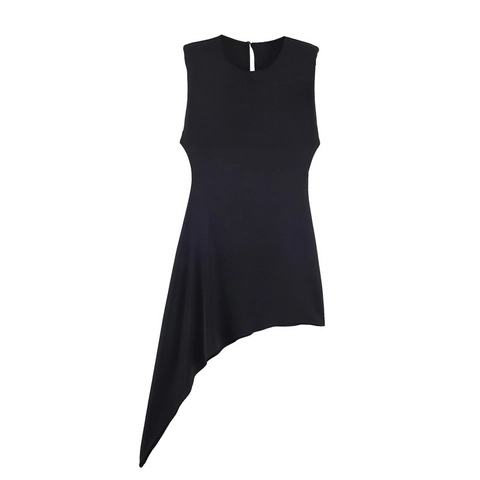 Women Sexy Sleeveless Asymmetric Hem Dress Shoulder Pad Round Neck Back Keyhole Solid Black Polyester Long Midi Dress