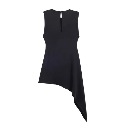 Women Sexy Sleeveless Asymmetric Hem Dress Shoulder Pad Round Neck Back Keyhole Solid Black Polyester Long Midi Dress