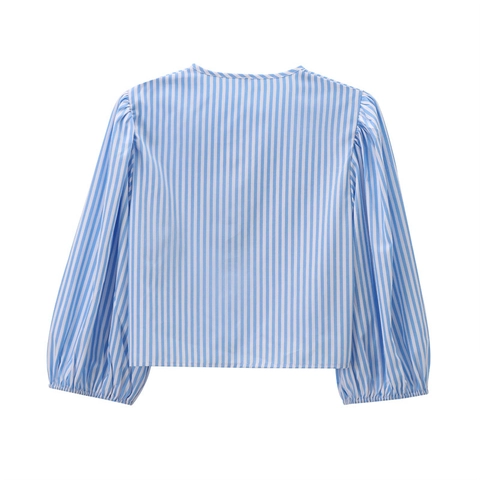 Camicetta Cropped in Popeline a Righe Blu e Bianche Casual da Donna con Fiocchi Maniche a Sbuffo Lunghe