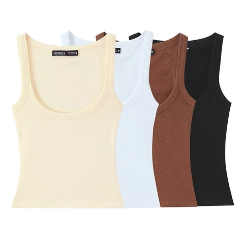 Women Minimalist Ribbed Tank Top Sleeveless Round Neck Solid Color Polyester Basic Commuter Slim Fit T-Shirt Top For Spring