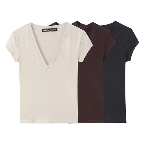 Maglietta da Donna Slim Fit con Scollo a V a Maniche Corte Tinta Unita Casual in Poliestere Top Elegante Basic Estate