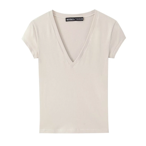 Maglietta da Donna Slim Fit con Scollo a V a Maniche Corte Tinta Unita Casual in Poliestere Top Elegante Basic Estate
