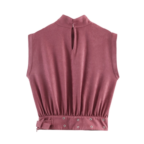 Women Fashion Faux Suede Sleeveless Top Mock Neck High Collar Buckle Belted Hem Draped Solid Streetwear Blouse For Lady
