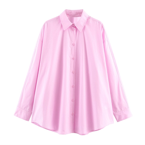 Women's Casual Loose Solid Color Long Sleeve Lapel Shirt Button Down Polyester Blouse Pink Commuter Spring Top