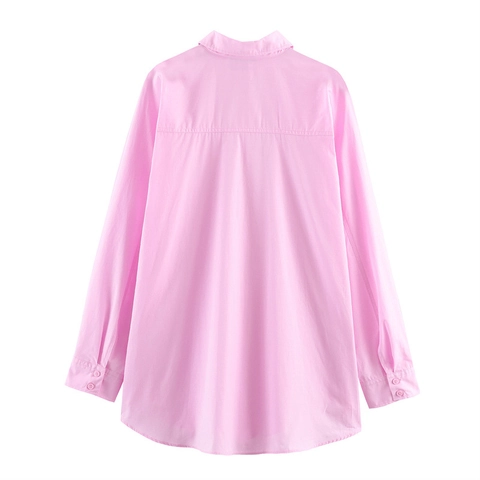 Women's Casual Loose Solid Color Long Sleeve Lapel Shirt Button Down Polyester Blouse Pink Commuter Spring Top