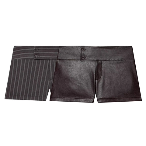 Pantaloncini da Donna Casual a Vita Alta Linea A Con Due Bottoni Tessuto a Righe e PU Poliestere Pantaloncini per Uso Quotidiano