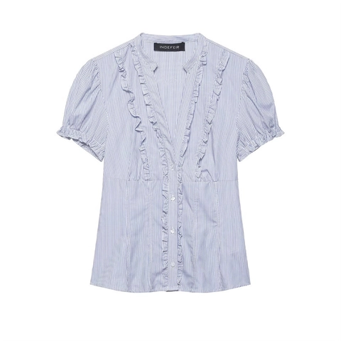 Damen V-Ausschnitt Rüschen Kurzarm Bluse Gestreift Einfarbig Puffärmel Button Down Casual Office Fashion Damen Top