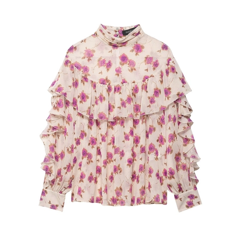 Women Retro Floral Ruffle Chiffon Blouse Long Sleeve High Neck Elegant Rose Print Loose Fit Casual Romantic Spring Top