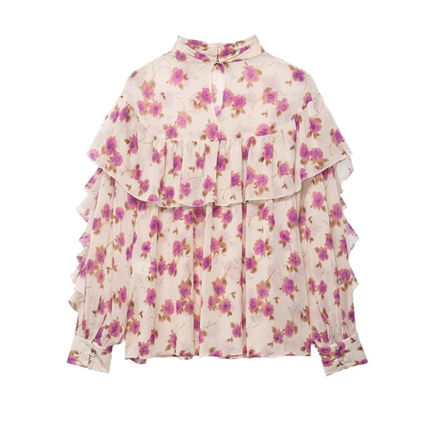 Women Retro Floral Ruffle Chiffon Blouse Long Sleeve High Neck Elegant Rose Print Loose Fit Casual Romantic Spring Top