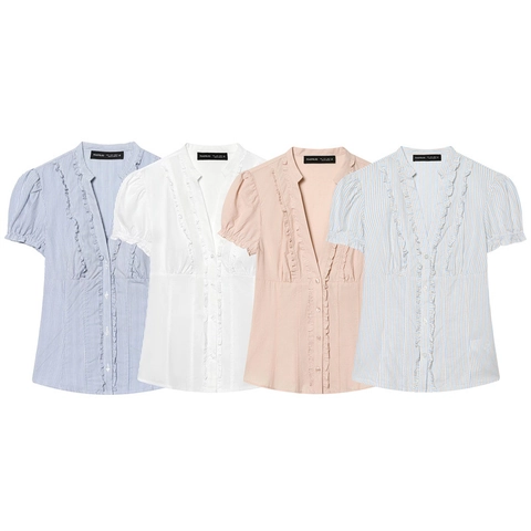 Damen V-Ausschnitt Rüschen Kurzarm Bluse Gestreift Einfarbig Puffärmel Button Down Casual Office Fashion Damen Top