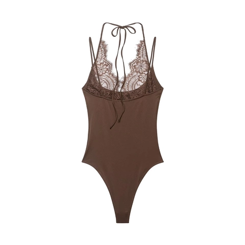 Body Sexy da Donna con Scollo all'Americana e Patchwork in Pizzo Senza Maniche con Scollo a V Aderente per Mare e Quotidiano