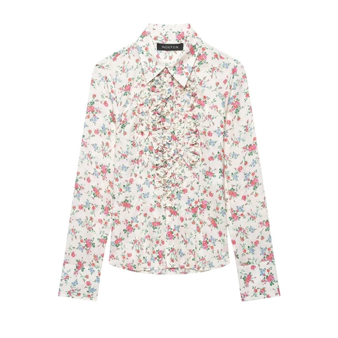 Women's Vintage Floral Print Long Sleeve Shirt Decorative Ruffle Single Breasted Loose Casual Sweet Blouse Top