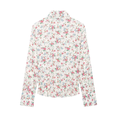 Women's Vintage Floral Print Long Sleeve Shirt Decorative Ruffle Single Breasted Loose Casual Sweet Blouse Top