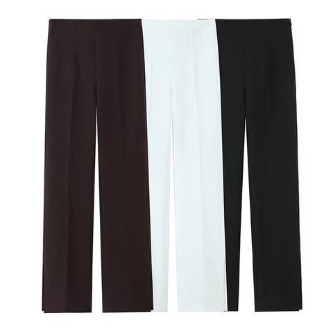 Damen Hohe Taille Schlitz Drapierung Schlaghose Einfarbig Pendler Gerade Bein Bürohosen Casual Polyester Hosen