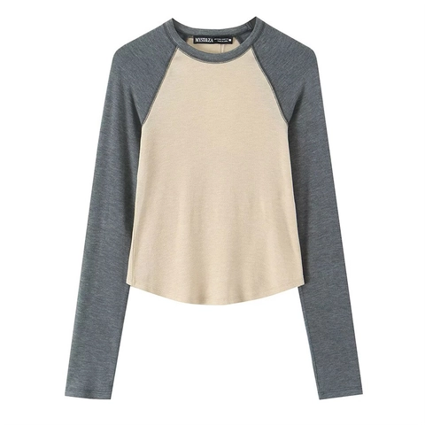 Dames Casual Raglan Lange Mouw T-Shirt Kleurblok Ronde Hals Slim Fit Gebogen Zoom Zachte Gebreide Pullover Tee Top Voor Dagelijks Gebruik