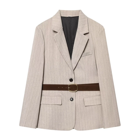 Damen Casual Fischgräten Nadelstreifen Blazer Jacke Mit Gürtel Langarm Revers Büro Lady Outerwear Top