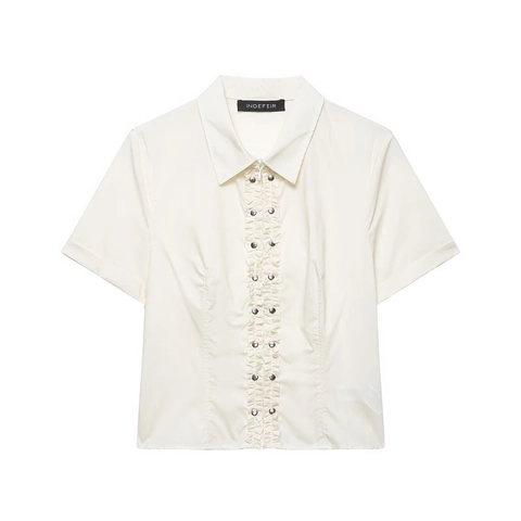Französischer Stil Nieten Rüschen Popeline Revers Kurzarm Hemd Für Damen Elegant Reißverschluss Weiß Casual Bluse Top