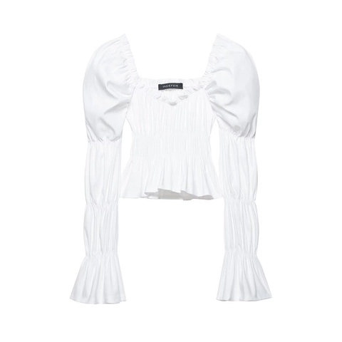 Dames Vierkante Hals Gesmokte Blouse Pofmouwen Lange Mouwen Wit Top Casual Slim Fit Polyester Elastaan Streetwear Mode Shirt