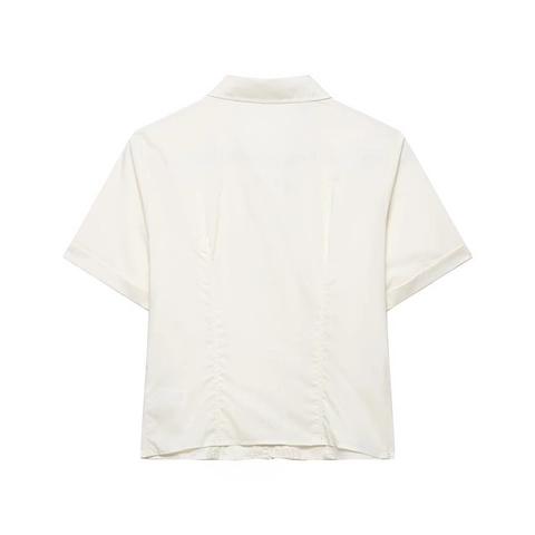 Französischer Stil Nieten Rüschen Popeline Revers Kurzarm Hemd Für Damen Elegant Reißverschluss Weiß Casual Bluse Top